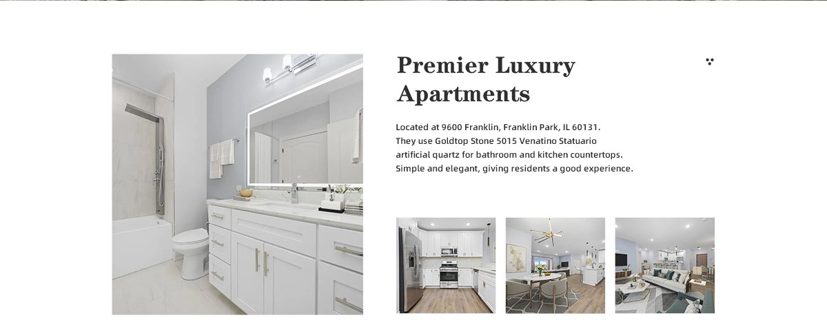 Located at 9600 Franklin, Franklin Park, IL 60131.  They use Goldtop Stone 5015 Venatino Statuario  artificial quartz for bathroom and kitchen countertops. Simple and elegant, giving residents a good experience.