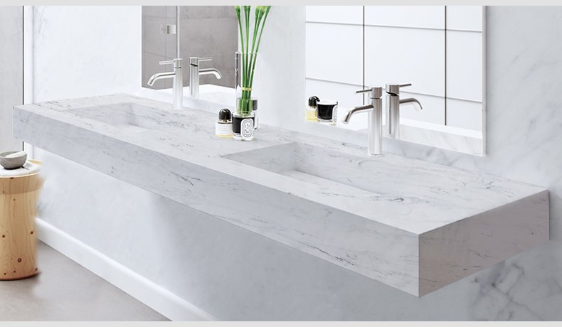  5022 Sphere Calacatta Series Quartz White countertop with gray stripes 