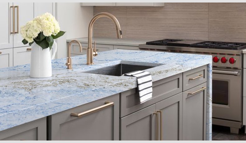 Lazada White Quartz With Blue And Gold Veins Countertops 6030