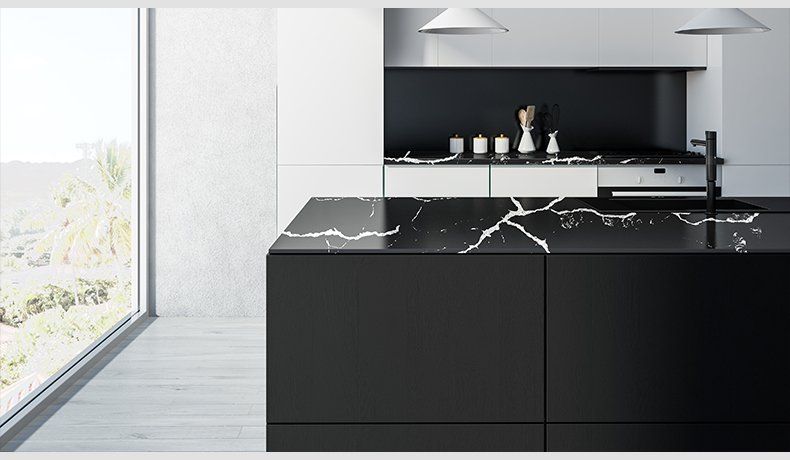 Calacatta Nero Black Quartz Countertops With White Veins