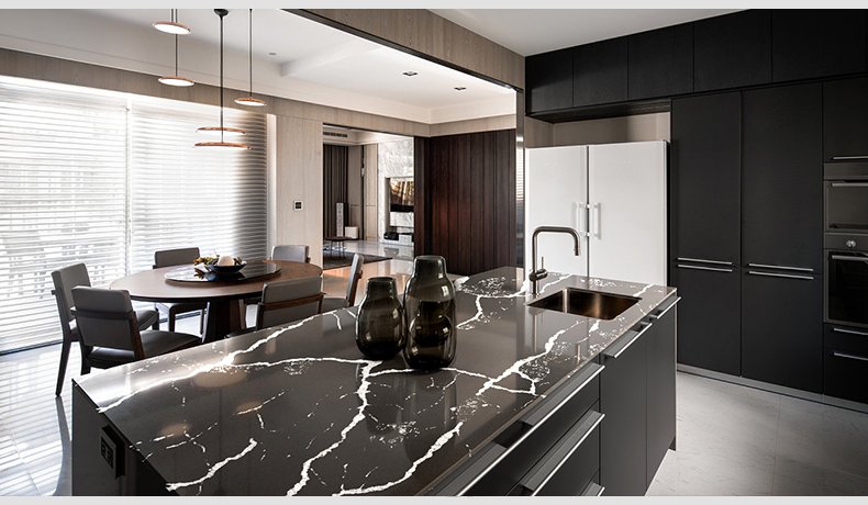 Calacatta Nero Black Quartz Countertops With White Veins