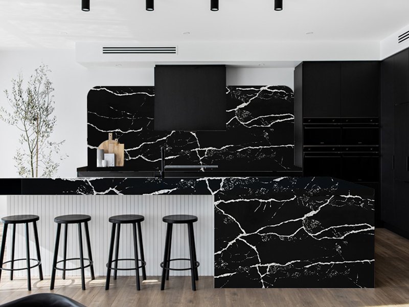 Calacatta Nero Black Quartz Countertops With White Veins