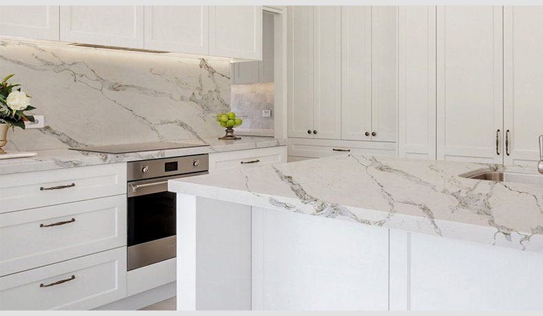 Calacatta Ferrari white quartz with grey and glod veins